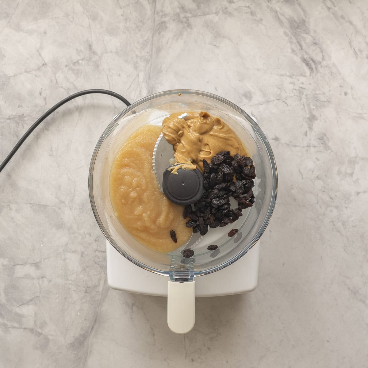 Apple sauce, peanut butter, raisins in a food processor on benchtop.